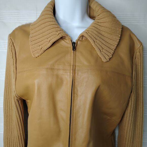 Maurice Sasson Women's Medium Dark Tan‎ Genuine Leather and Knit Sweater - Picture 2 of 14